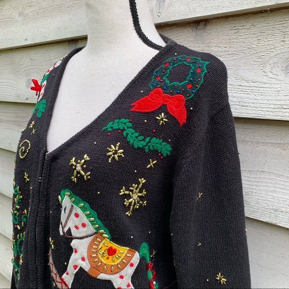 Vintage Black Beaded Felt Appliqué Crochet V-Neck Zip Front Long Sleeve Sweater - Picture 5 of 16